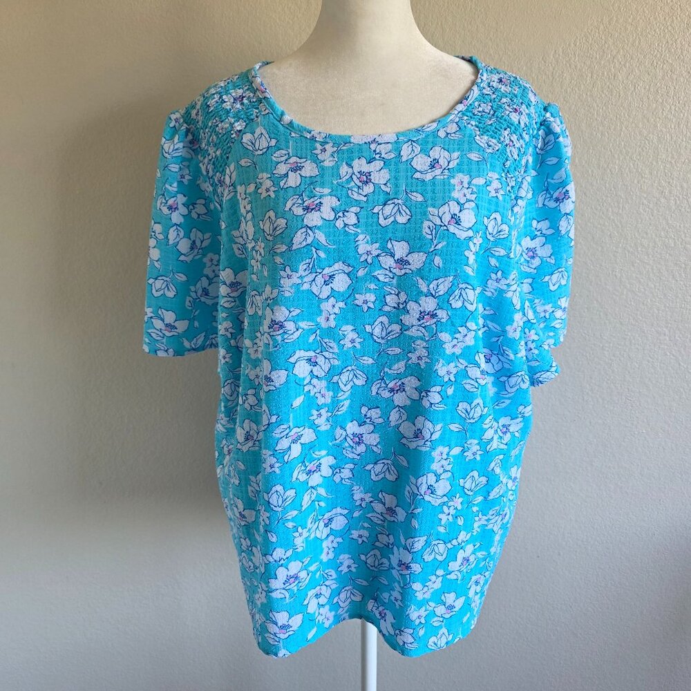Draper James Blouse Top Sky Blue Floral Seersucker Smocked Relaxed Lined Size XL